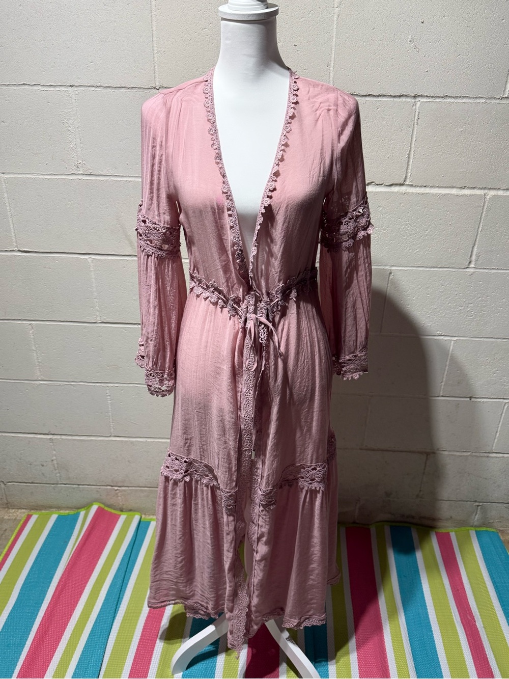 Elan Dusty Pink Lace-Trim Long Robe